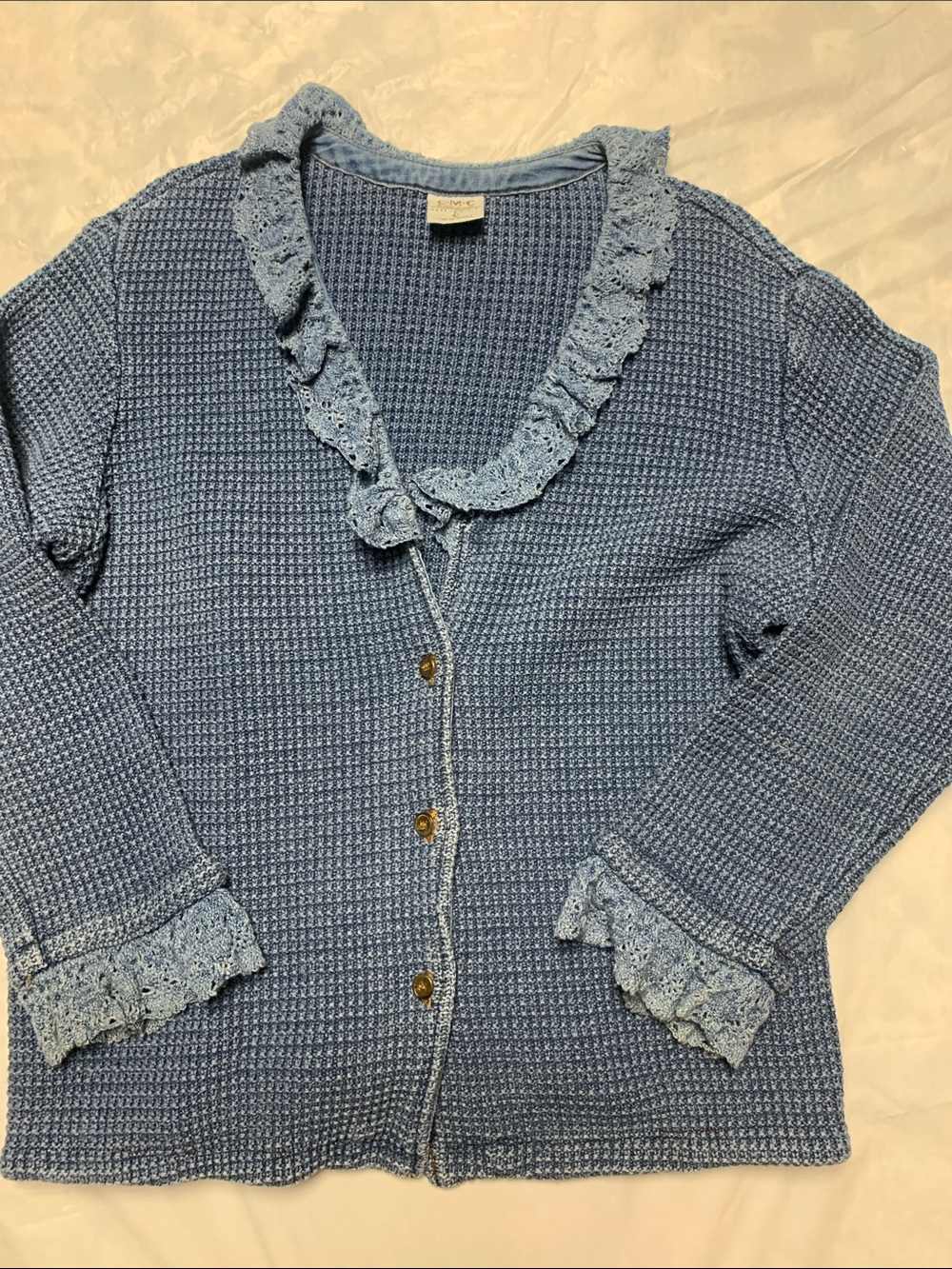 Color Me Cotton Made In USA Blue Waffle Knit Lace Trim Cardigan Top Vintage Lg